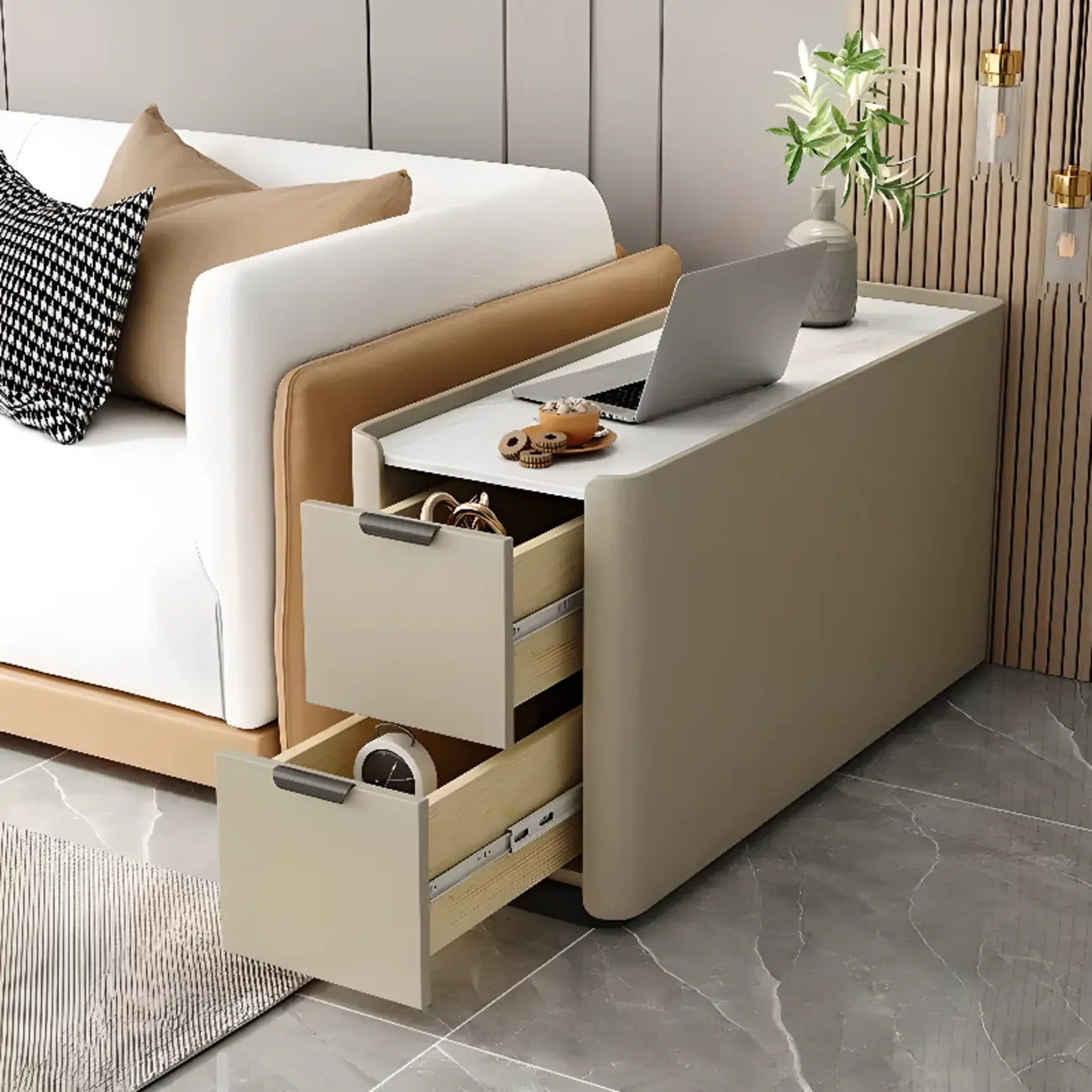 Table d'appoint compacte en bois massif avec plateau en pierre kaki et 2 tiroirs