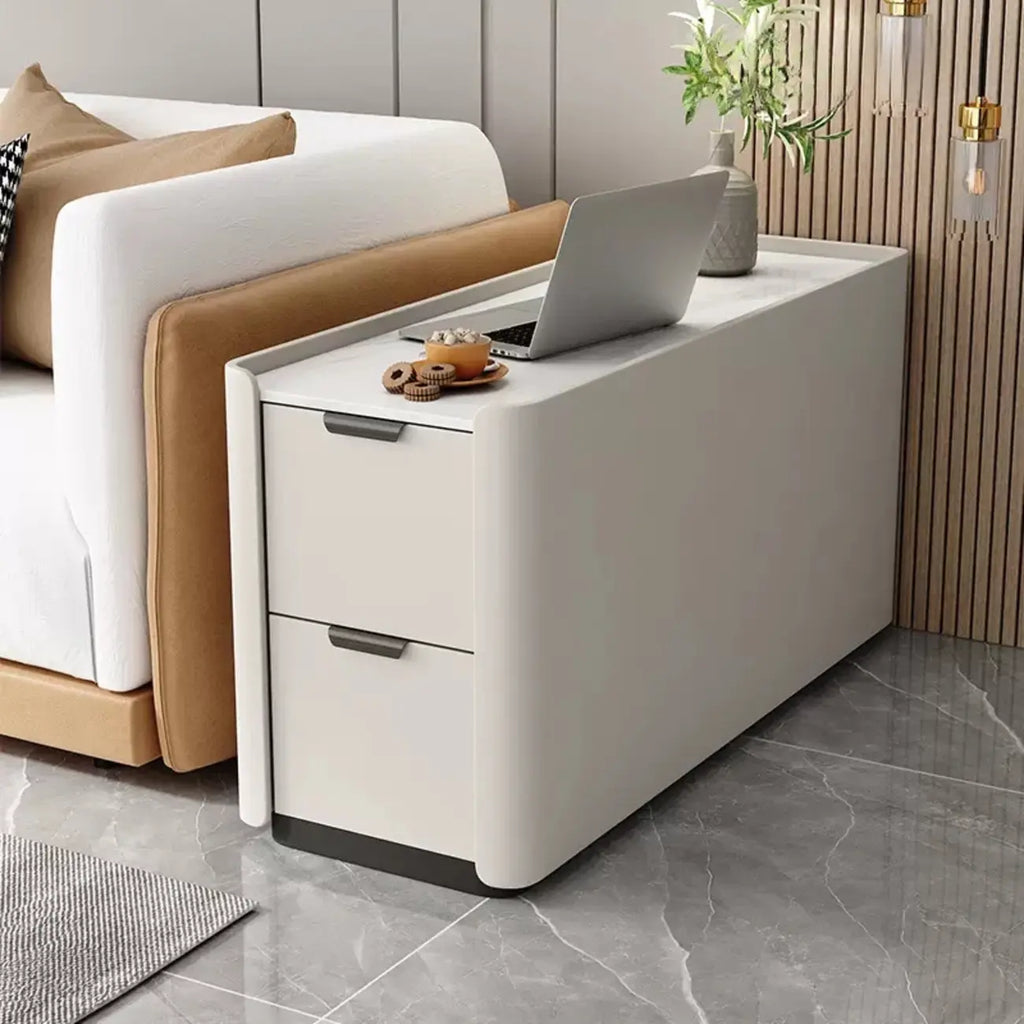 Table d'appoint compacte en bois massif avec plateau en pierre kaki et 2 tiroirs