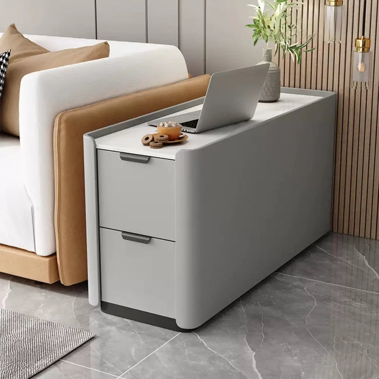 Table d'appoint compacte en bois massif avec plateau en pierre kaki et 2 tiroirs
