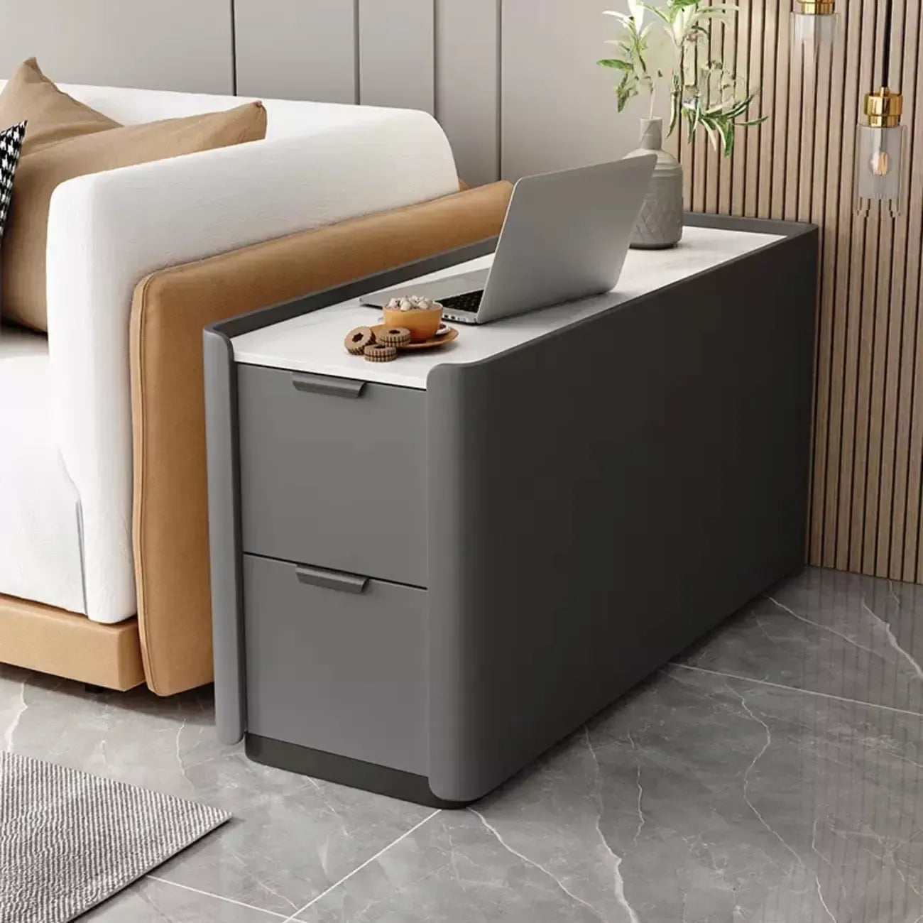 Table d'appoint compacte en bois massif avec plateau en pierre kaki et 2 tiroirs