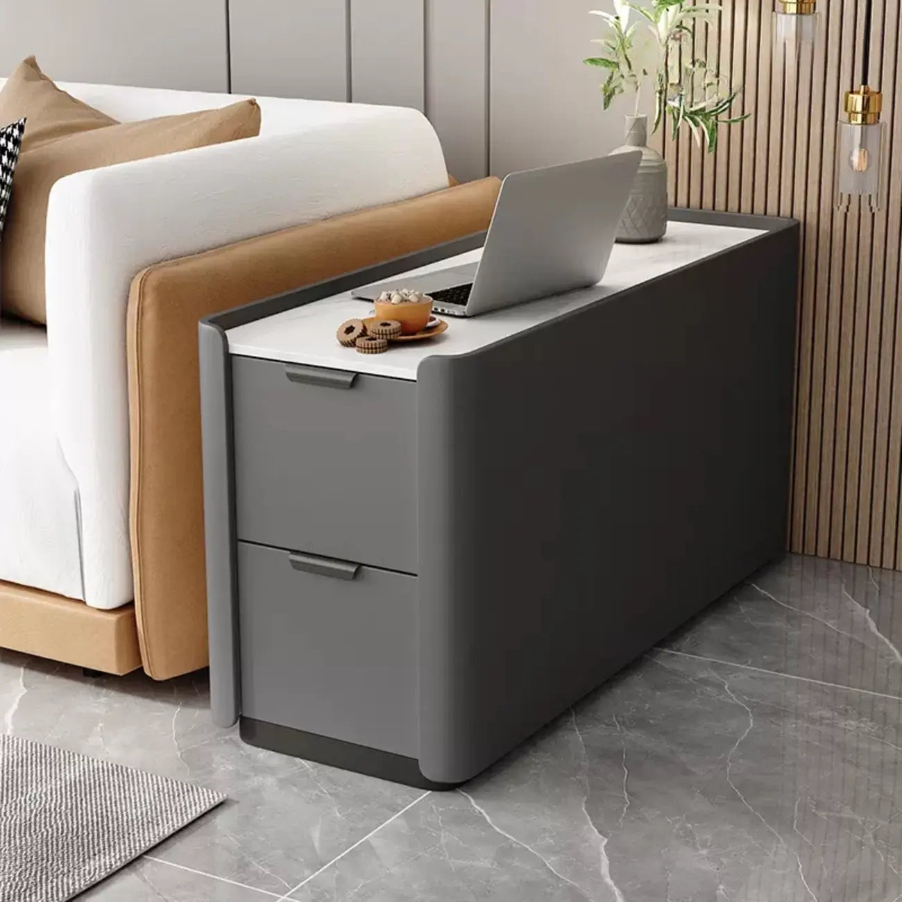 Table d'appoint compacte en bois massif avec plateau en pierre kaki et 2 tiroirs