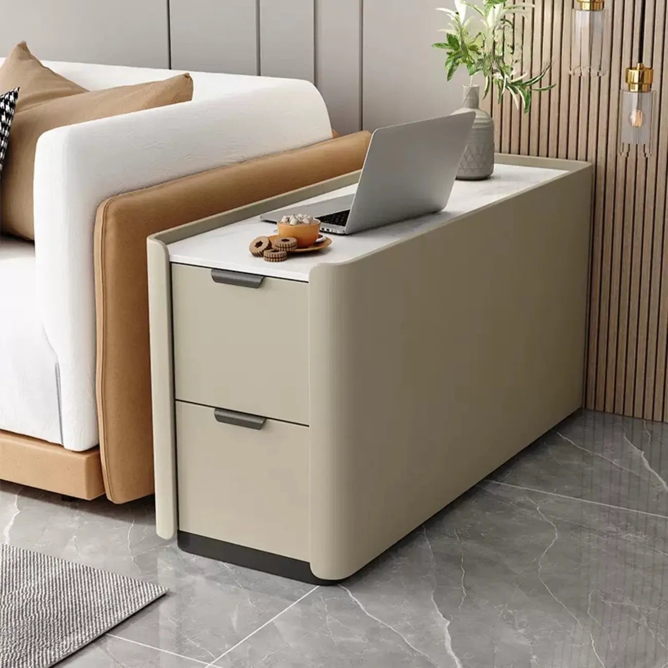Table d'appoint compacte en bois massif avec plateau en pierre kaki et 2 tiroirs