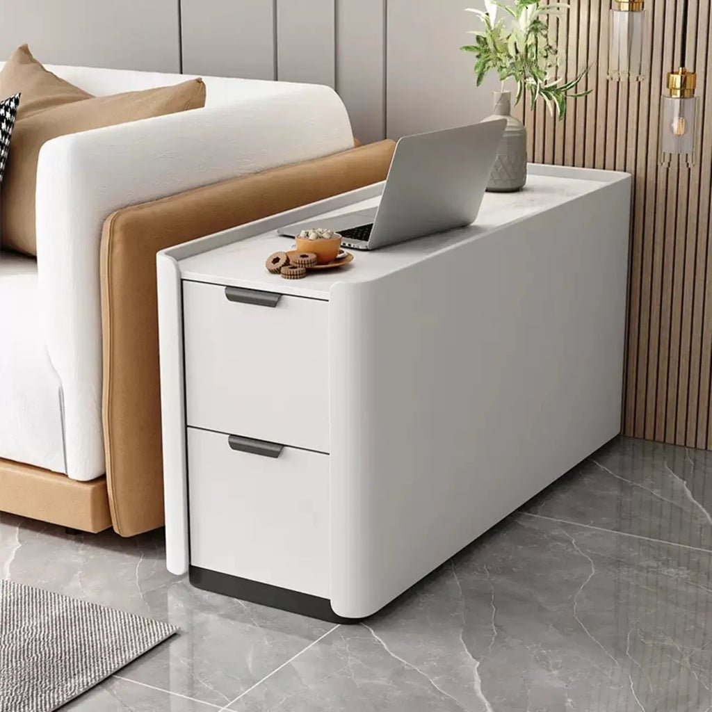 Table d'appoint compacte en bois massif avec plateau en pierre kaki et 2 tiroirs
