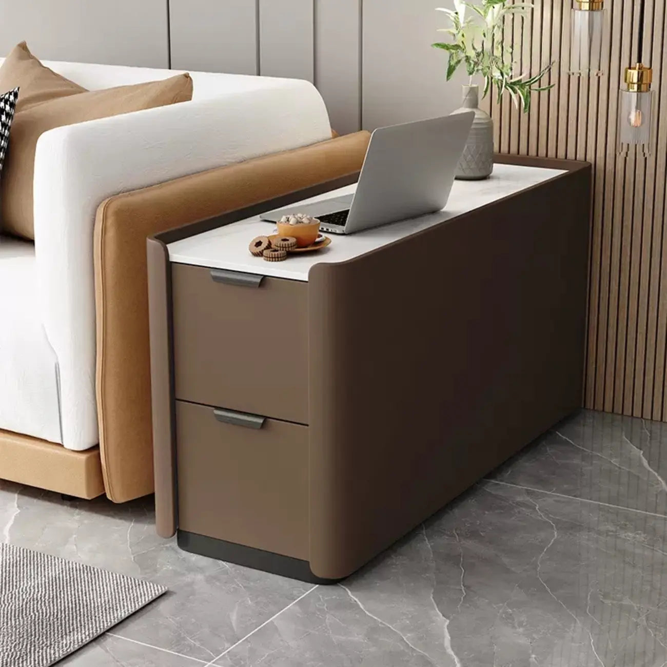 Table d'appoint compacte en bois massif avec plateau en pierre kaki et 2 tiroirs