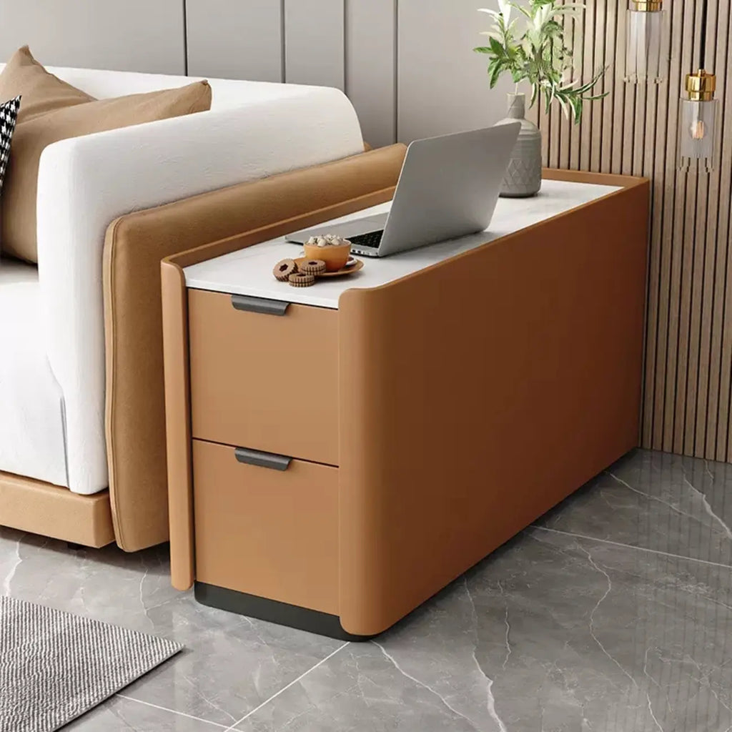 Table d'appoint compacte en bois massif avec plateau en pierre kaki et 2 tiroirs