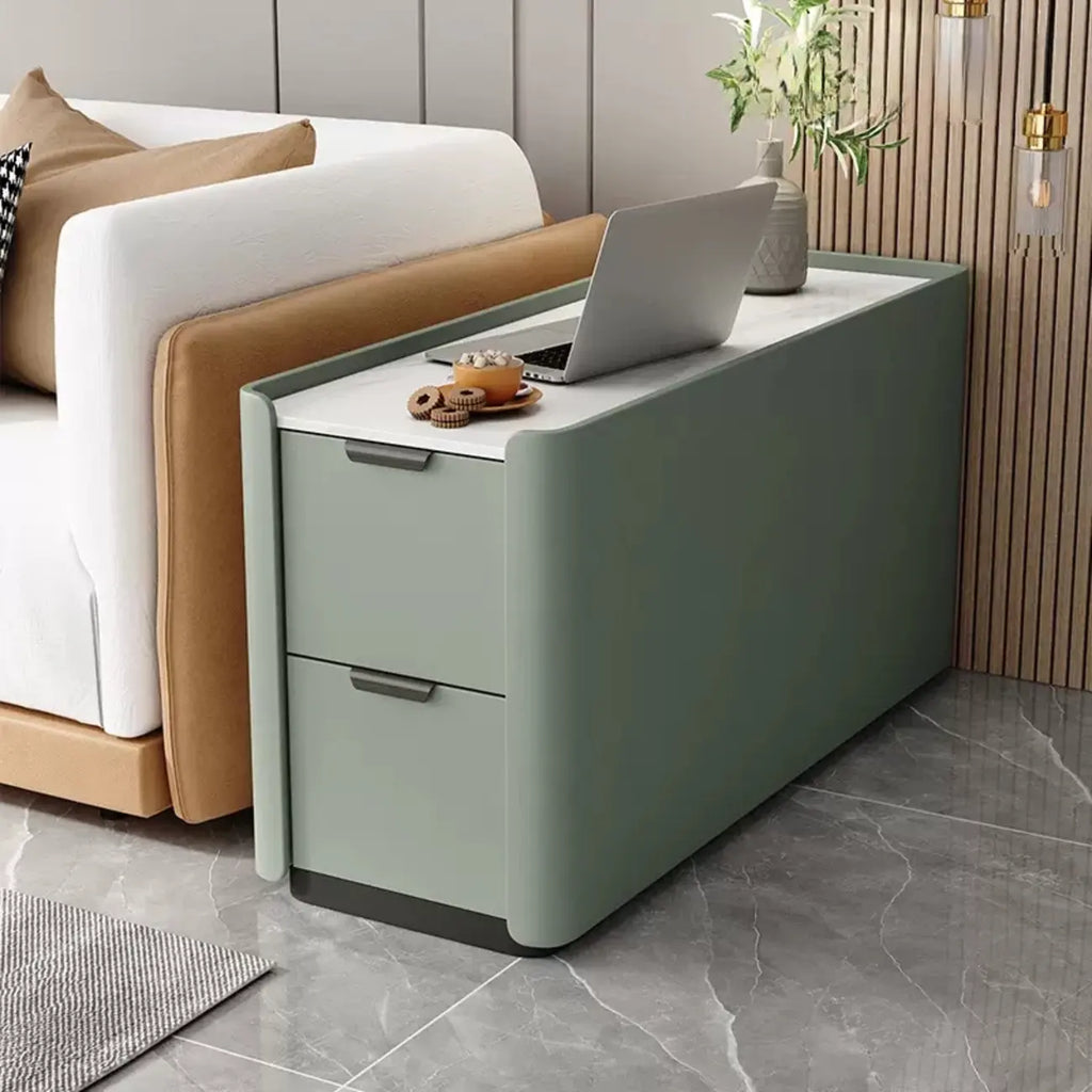 Table d'appoint compacte en bois massif avec plateau en pierre kaki et 2 tiroirs