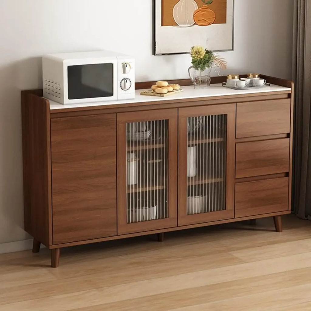 Buffet indépendant en bois de cacao avec plateau en pierre brune et portes