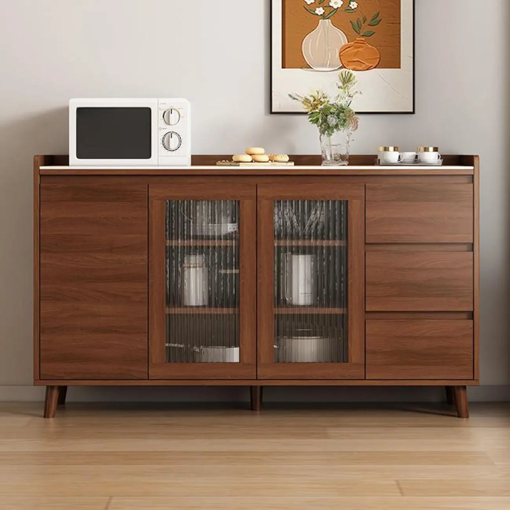 Buffet indépendant en bois de cacao avec plateau en pierre brune et portes