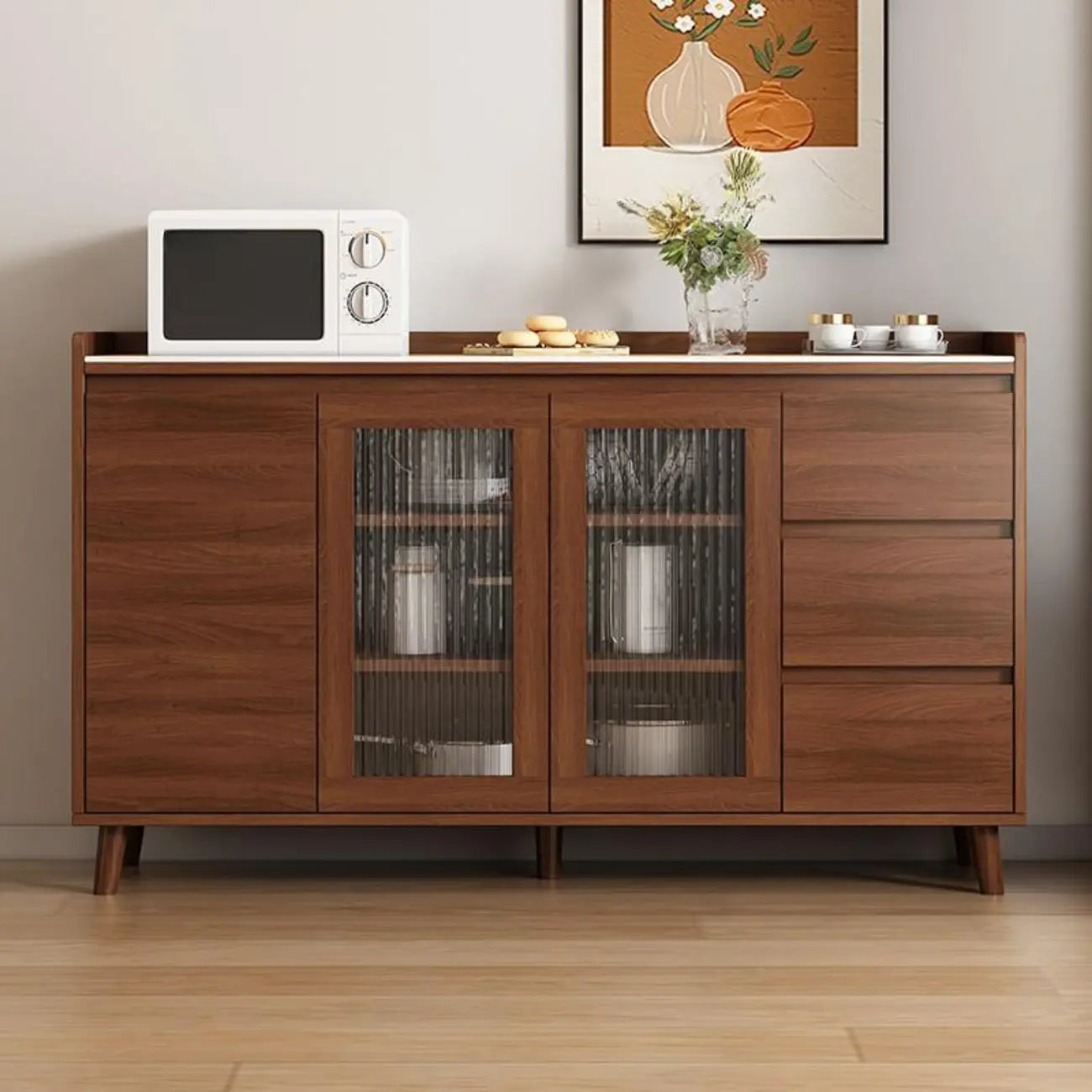 Buffet indépendant en bois de cacao avec plateau en pierre brune et portes