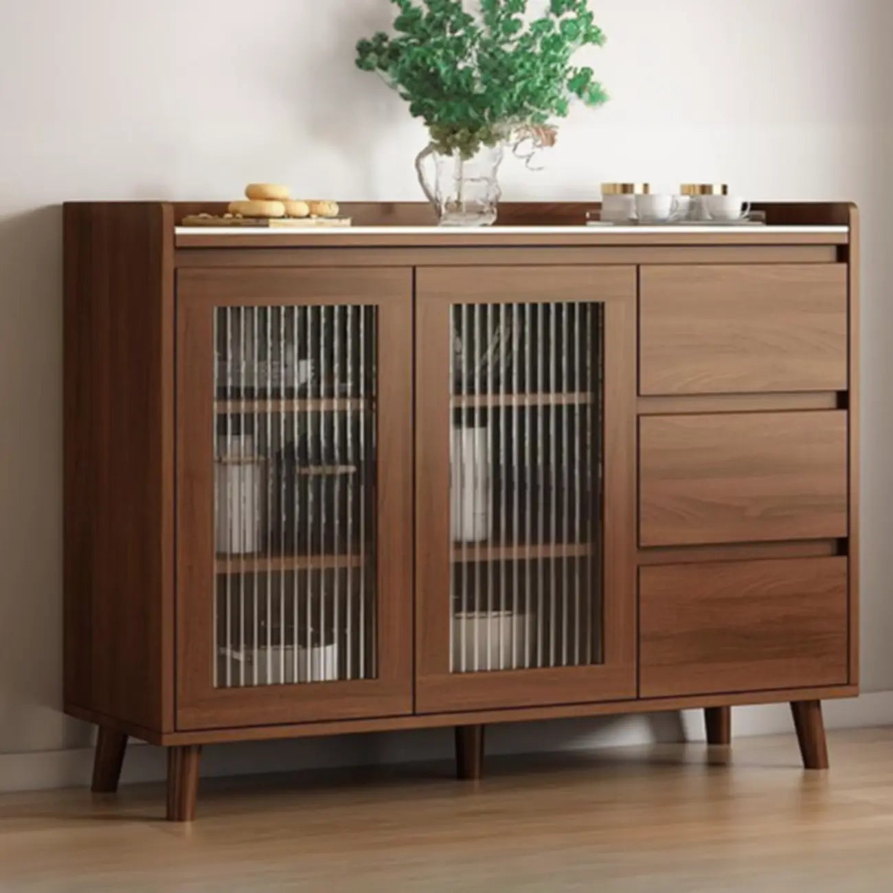 Buffet indépendant en bois de cacao avec plateau en pierre brune et portes