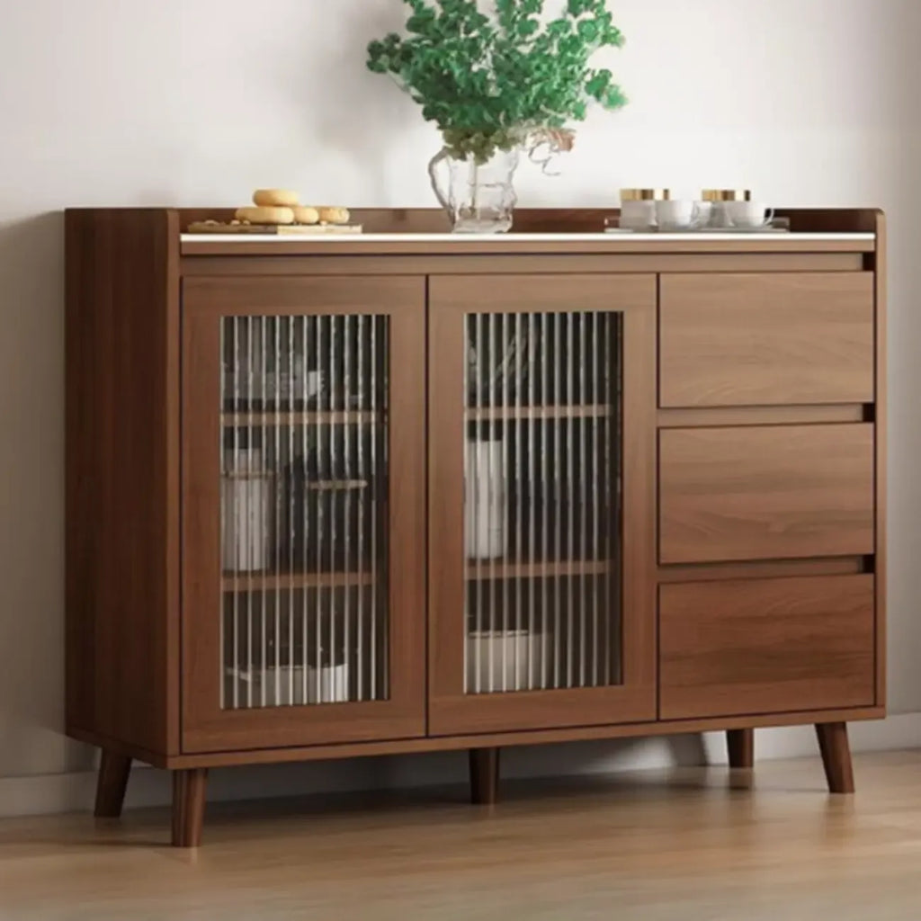 Buffet indépendant en bois de cacao avec plateau en pierre brune et portes
