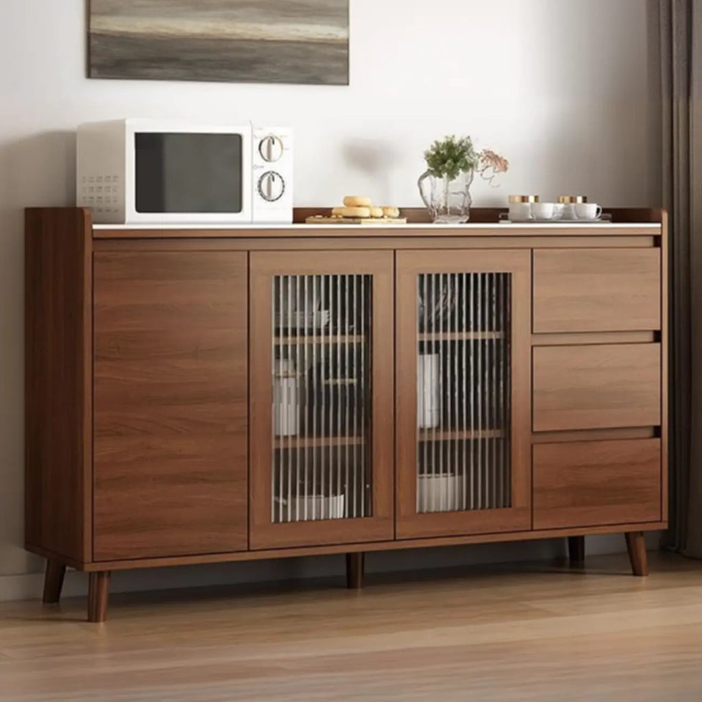 Buffet indépendant en bois de cacao avec plateau en pierre brune et portes