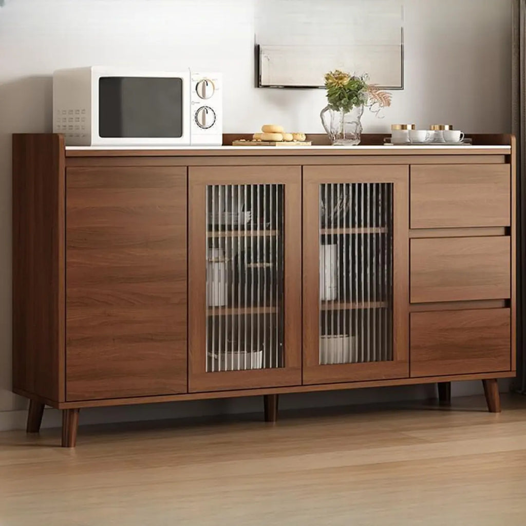 Buffet indépendant en bois de cacao avec plateau en pierre brune et portes