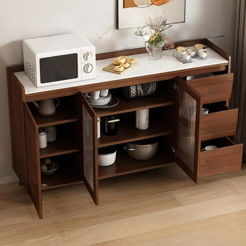 Buffet indépendant en bois de cacao avec plateau en pierre brune et portes