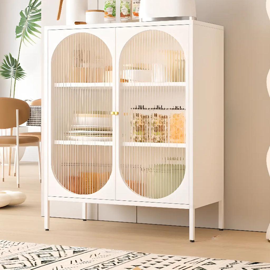 Buffet ovale autoportant en verre et acier avec portes