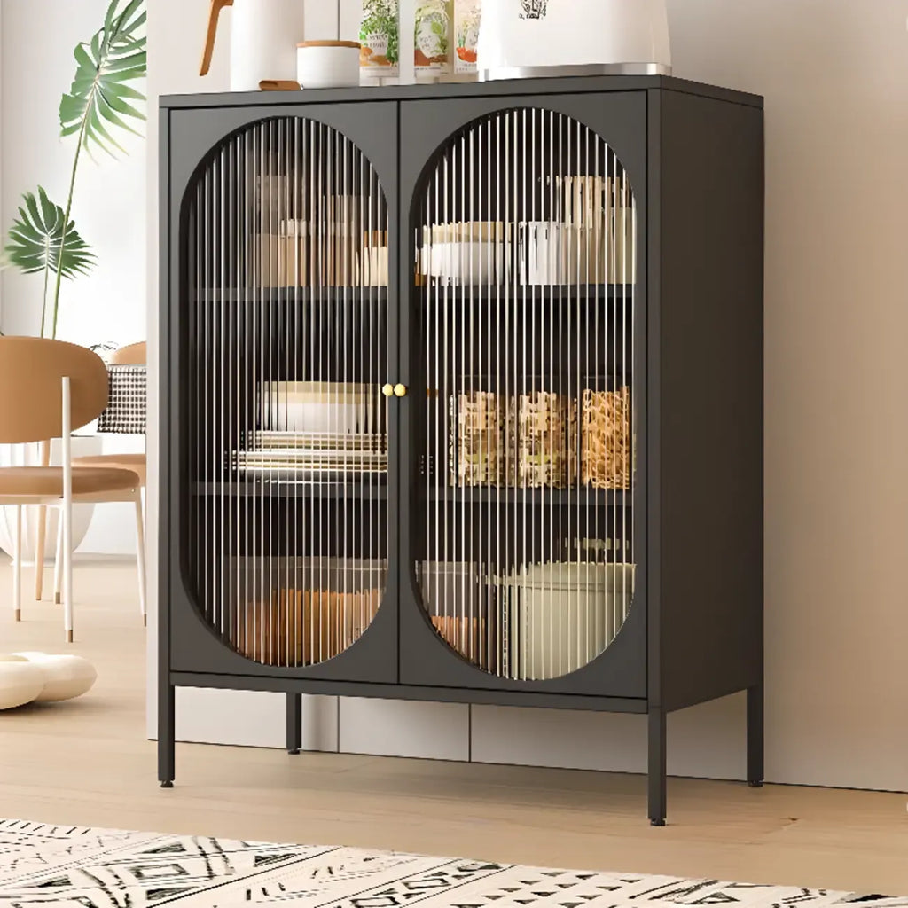 Buffet ovale autoportant en verre et acier avec portes