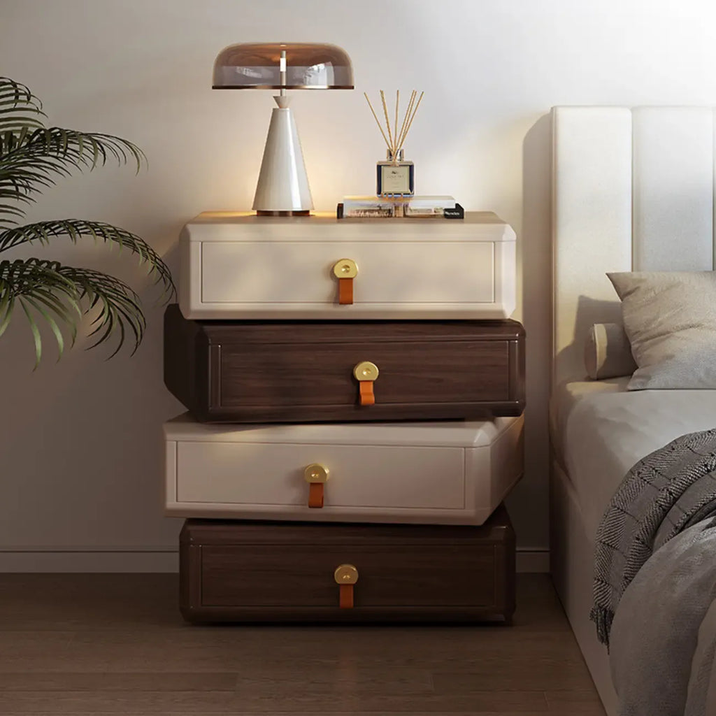 Table de chevet pivotante moderne et créative en bois beige à 3 tiroirs