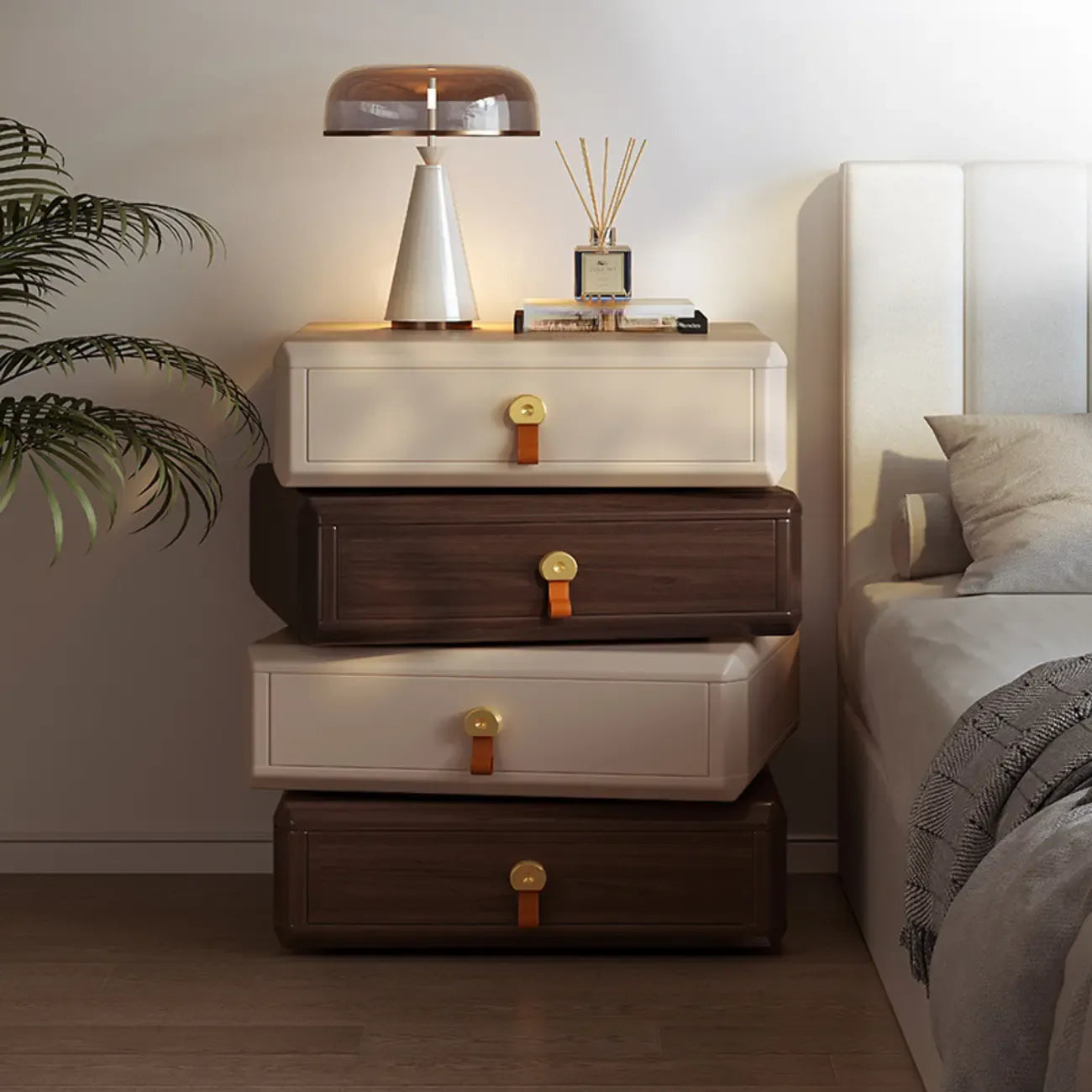 Table de chevet pivotante moderne et créative en bois beige à 3 tiroirs