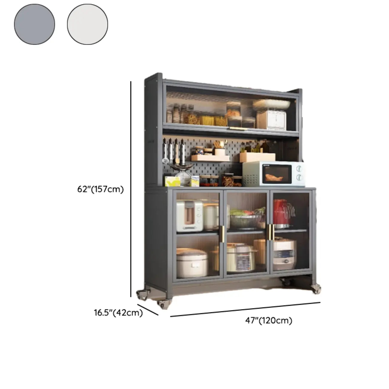 Buffet mobile en métal ouvert avec portes vitrées