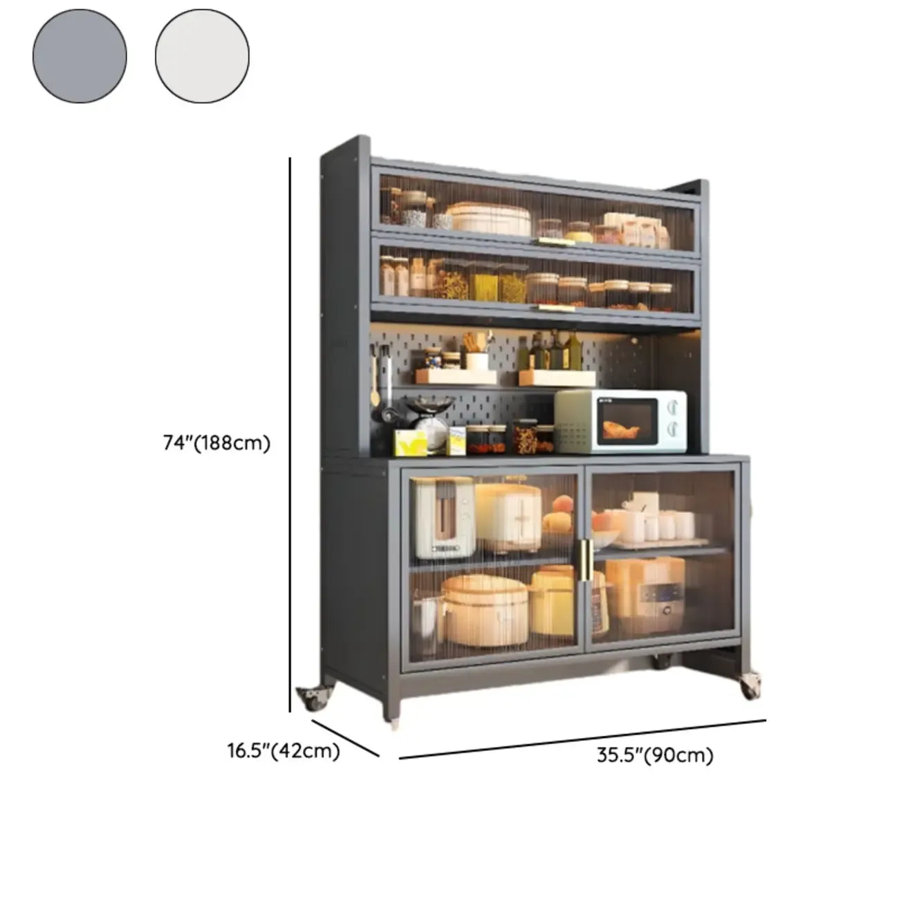 Buffet mobile en métal ouvert avec portes vitrées