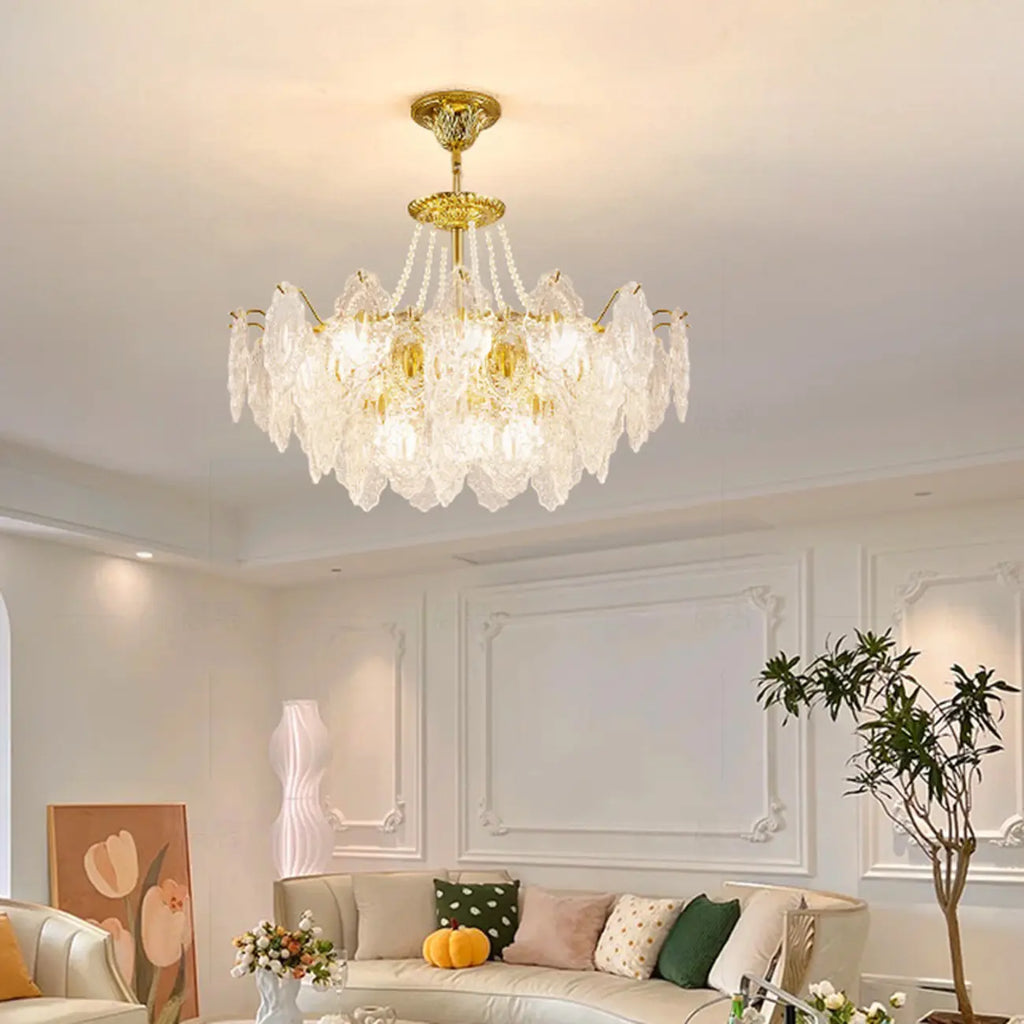 Lustre suspendu rond luxueux en cristal doré et feuilles de feuille