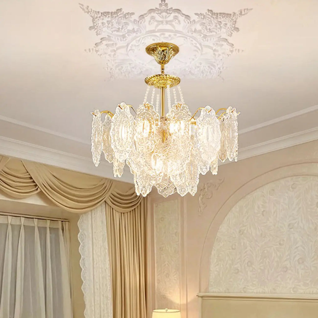 Lustre suspendu rond luxueux en cristal doré et feuilles de feuille