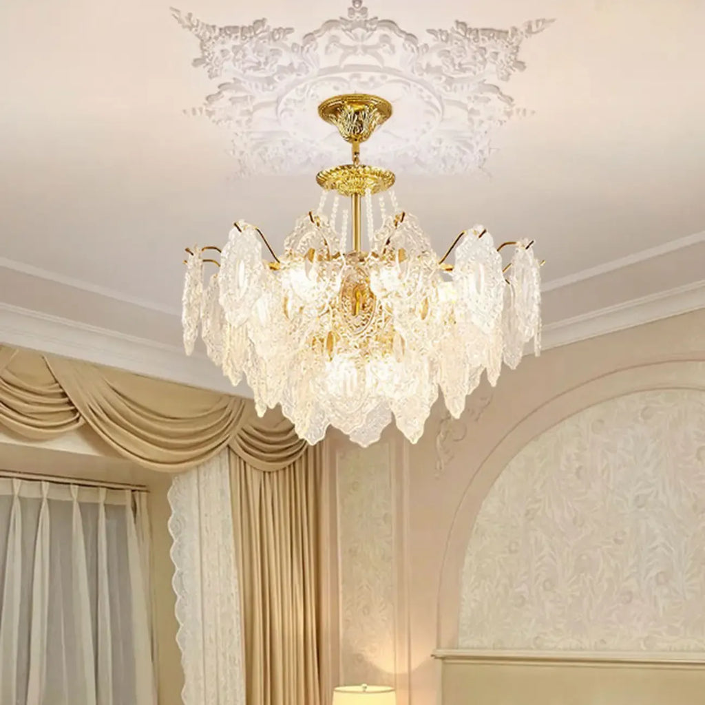 Lustre suspendu rond luxueux en cristal doré et feuilles de feuille