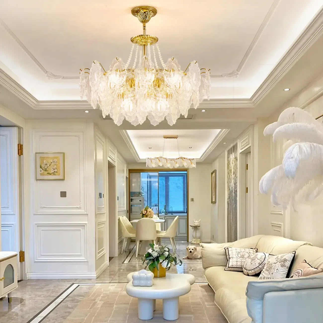 Lustre suspendu rond luxueux en cristal doré et feuilles de feuille