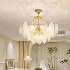 Lustre suspendu rond luxueux en cristal doré et feuilles de feuille