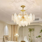 Lustre suspendu rond luxueux en cristal doré et feuilles de feuille
