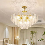Lustre suspendu rond luxueux en cristal doré et feuilles de feuille