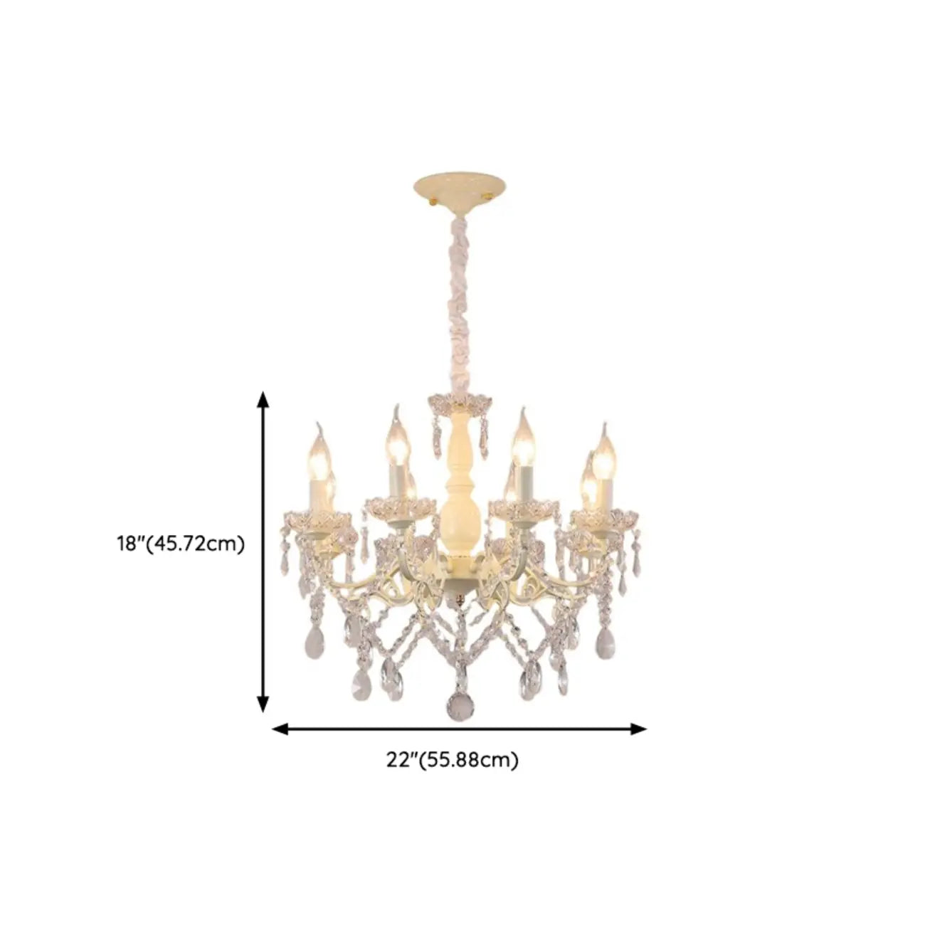Lustre romantique français à 8 lumières en cristal, à intensité variable.