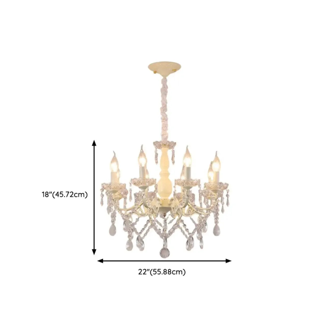 Lustre romantique français à 8 lumières en cristal, à intensité variable.