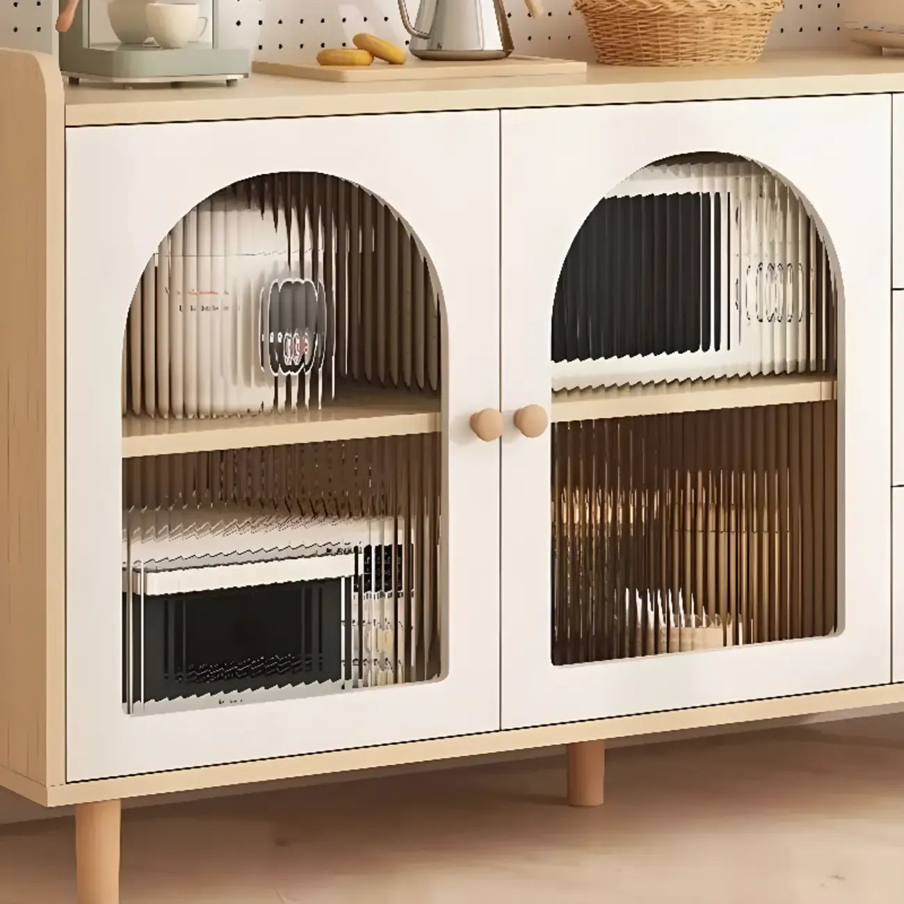 Buffet de cuisine en bois naturel avec étagères ouvertes et 3 tiroirs