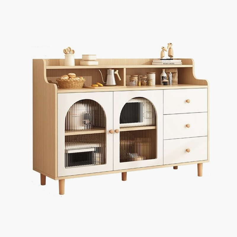 Buffet de cuisine en bois naturel avec étagères ouvertes et 3 tiroirs