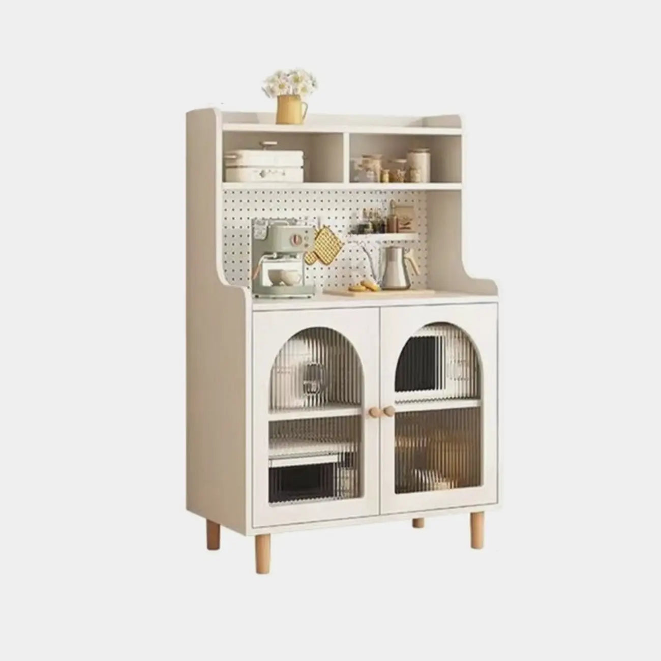 Buffet de cuisine en bois naturel avec étagères ouvertes et 3 tiroirs