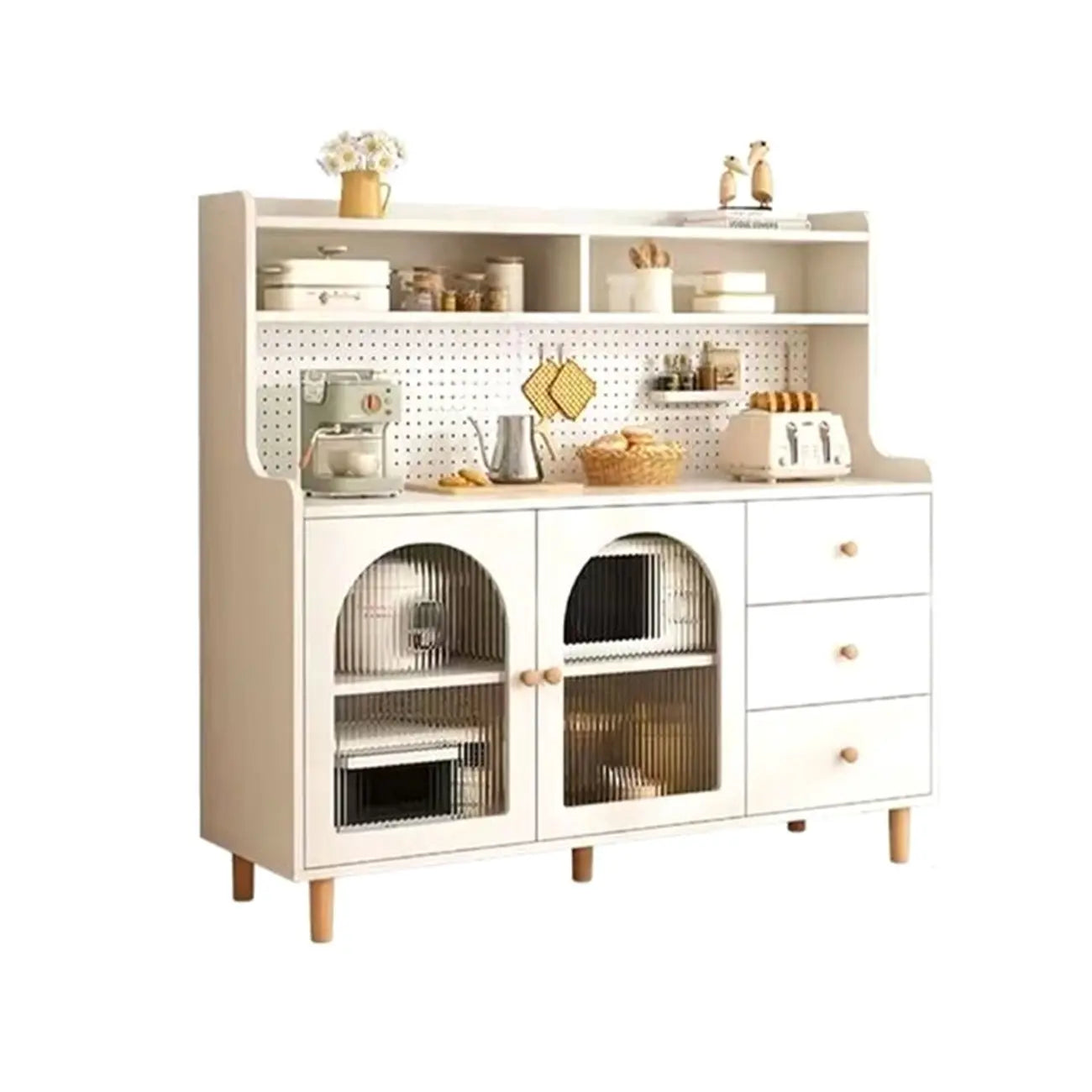 Buffet de cuisine en bois naturel avec étagères ouvertes et 3 tiroirs