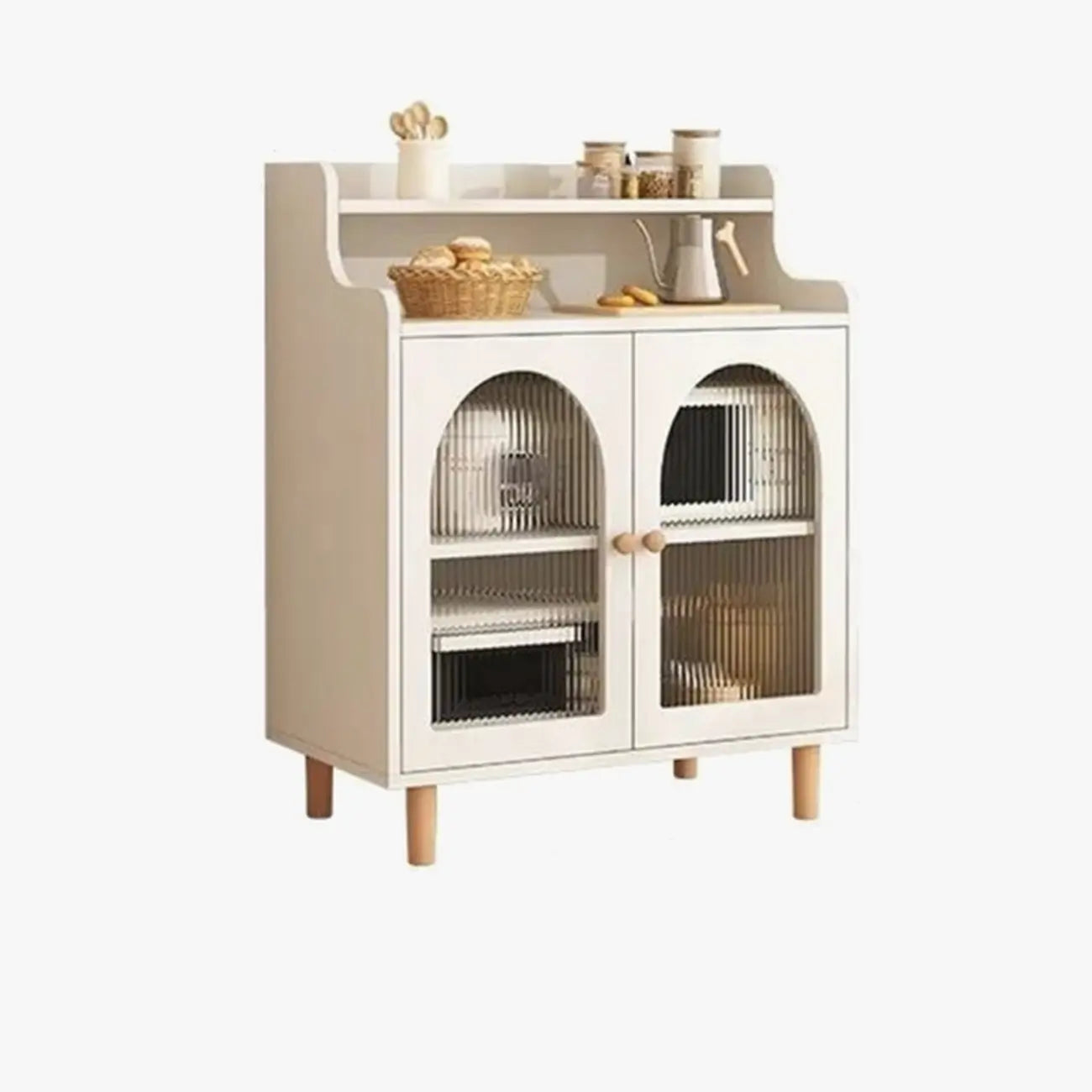 Buffet de cuisine en bois naturel avec étagères ouvertes et 3 tiroirs
