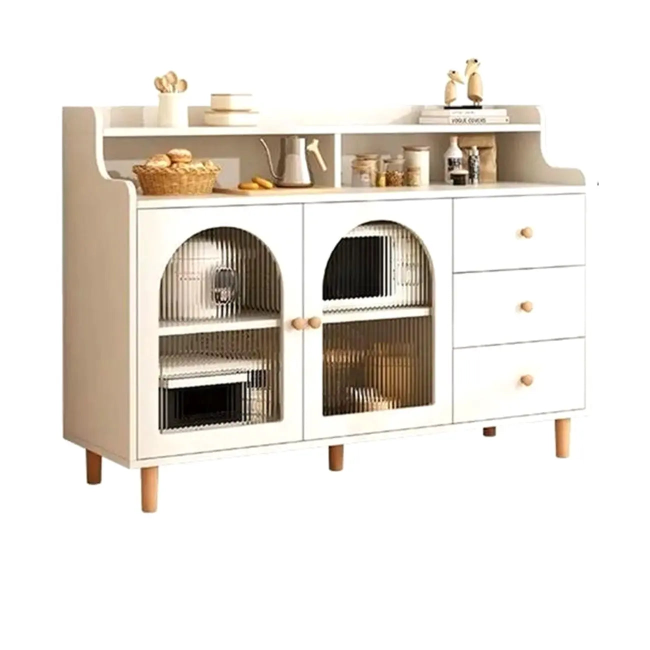 Buffet de cuisine en bois naturel avec étagères ouvertes et 3 tiroirs