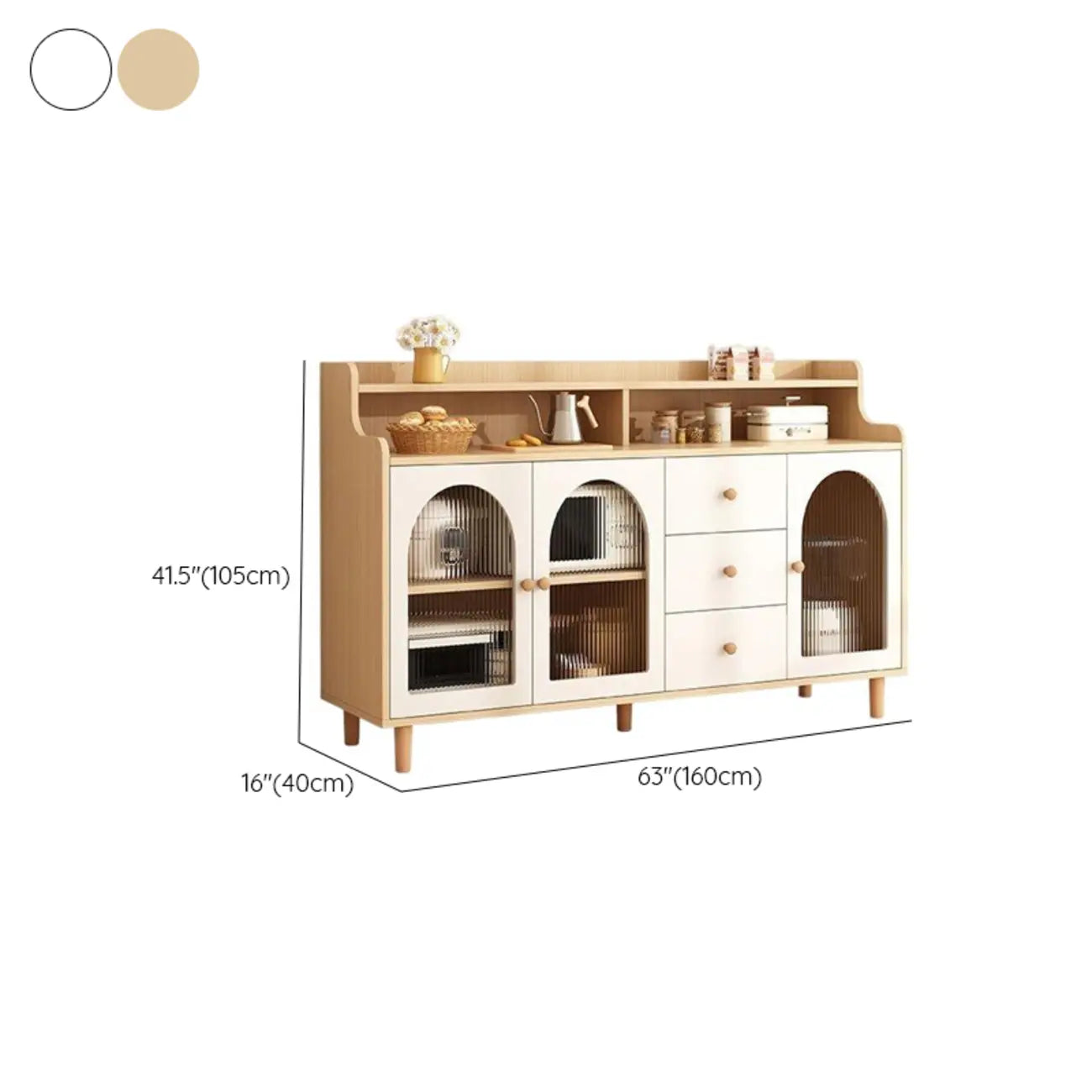 Buffet de cuisine en bois naturel avec étagères ouvertes et 3 tiroirs