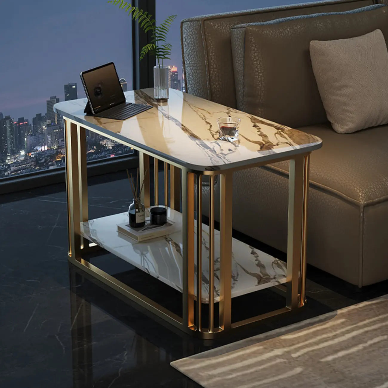 Table basse rectangulaire de luxe dorée à deux niveaux avec plateau en pierre