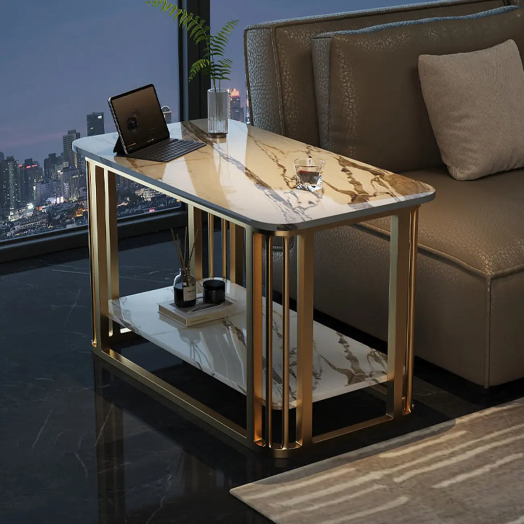 Table basse rectangulaire de luxe dorée à deux niveaux avec plateau en pierre