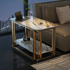 Table basse rectangulaire de luxe dorée à deux niveaux avec plateau en pierre