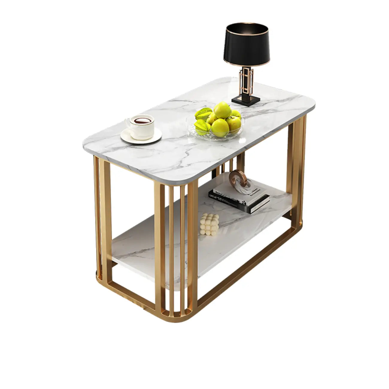 Table basse rectangulaire de luxe dorée à deux niveaux avec plateau en pierre
