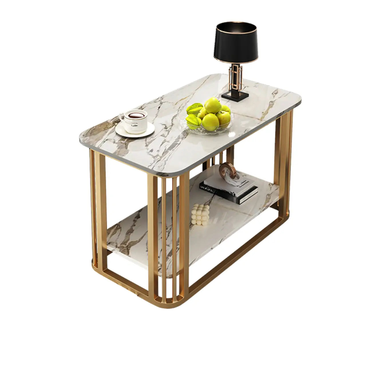 Table basse rectangulaire de luxe dorée à deux niveaux avec plateau en pierre