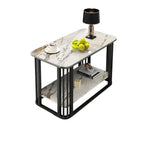 Table basse rectangulaire de luxe dorée à deux niveaux avec plateau en pierre
