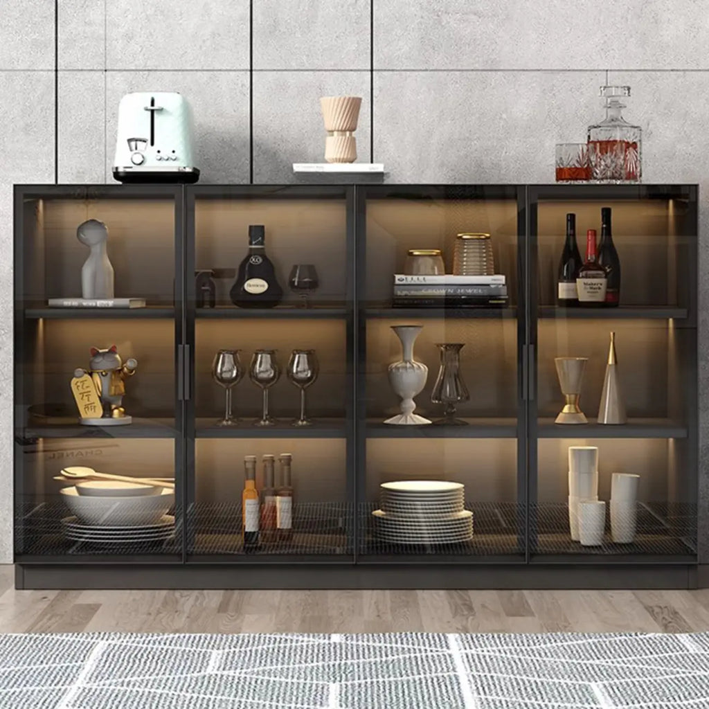 Grand buffet en bois et verre noir à 3 étagères avec éclairage LED