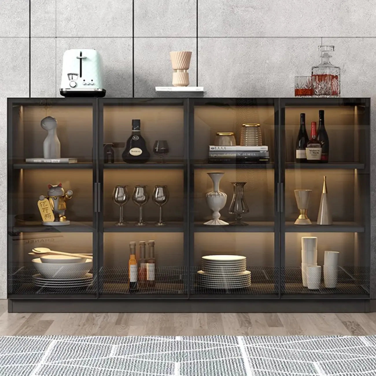 Grand buffet en bois et verre noir à 3 étagères avec éclairage LED