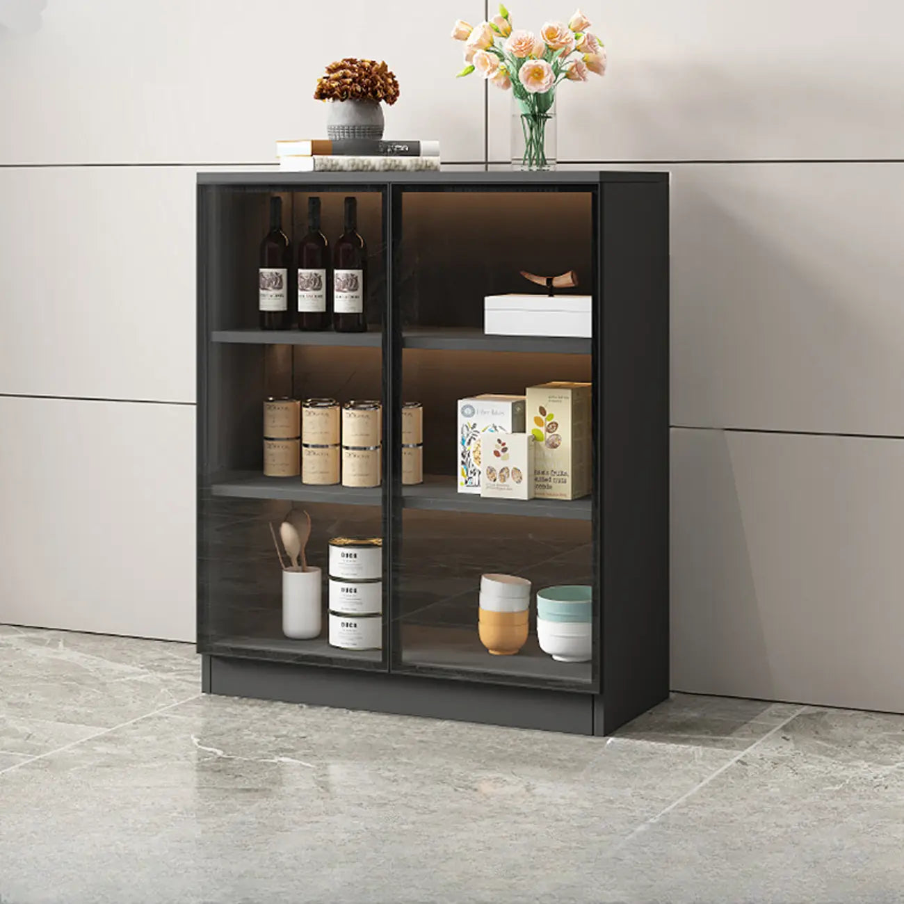 Grand buffet en bois et verre noir à 3 étagères avec éclairage LED