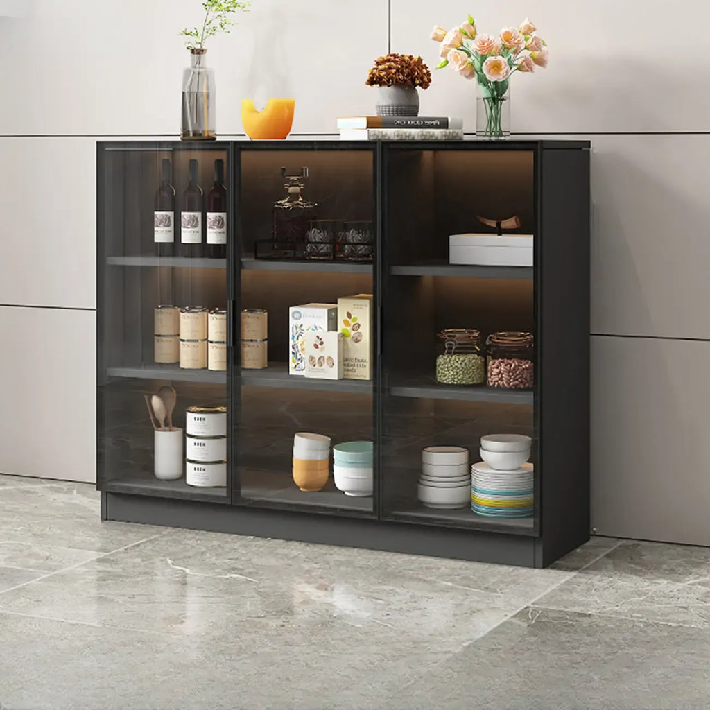 Grand buffet en bois et verre noir à 3 étagères avec éclairage LED